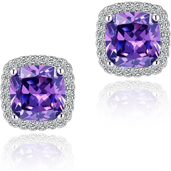 Women's Square Birthstone Cubic Zirconia Mall Dainty Purple Elegant Earring - Picture 1 of 6